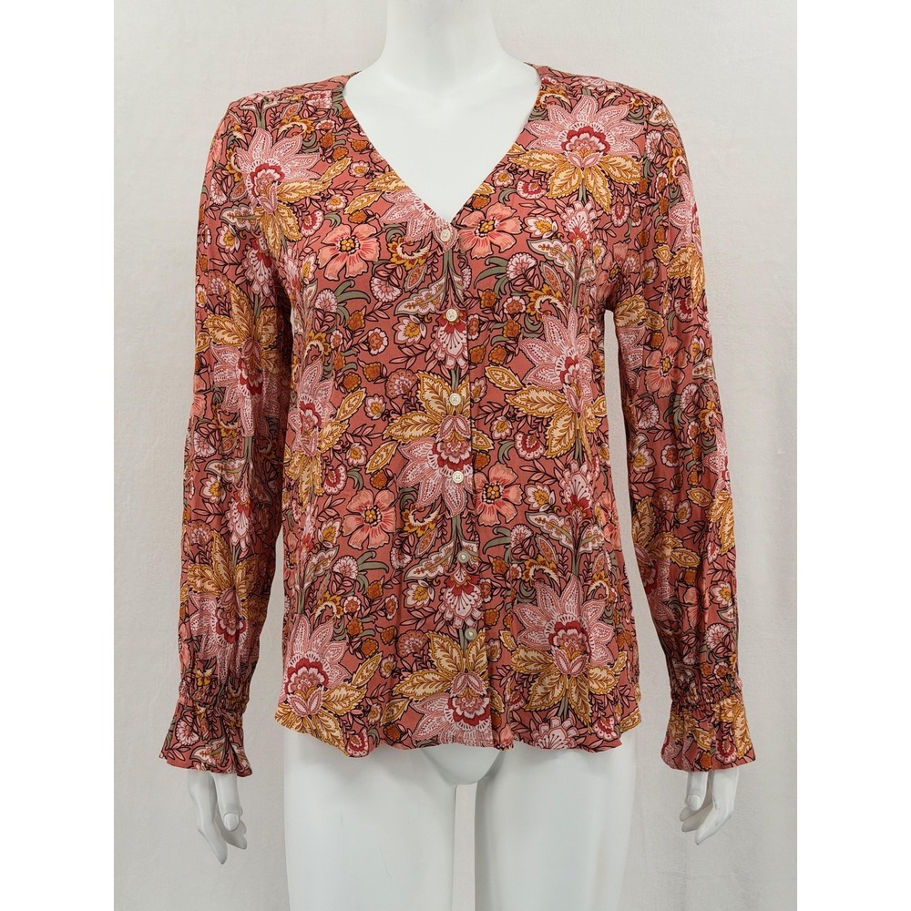 Ann Taylor Loft Top Womens Small Orange Pink Floral V-Neck Button Up Boho Spring